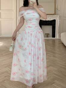 Modelyn Floral Pattern Off-Shoulder Cinched Waist Fitted Midi Dress For Women - Pink - View 6