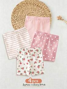 SHEIN Playful Pals 4件套女婴纯色弹力腰带打底裤/紧身裤/骑行短裤套装，适合6个月至2-3岁的宝宝，可爱甜美的色彩系列，包含花卉、条纹、波点等简约图案设计，春夏装扮，充满春日气息，清爽舒适，时尚女童套装，休闲服饰，儿童花卉图案服装，春夏套装，新款，清凉舒适，春夏休闲风 - 彩色 - 查看 2