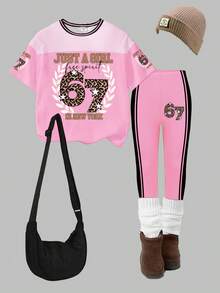 Girls' Fashion Wheat & Leopard Print Number 67 Graphic Casual Basic Short T-Shirt And Leggings Set, Cozy Summer And Fall Styles, Suitable For All Seasons, Sets - Multicolor - View 3