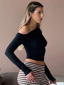 hollyjadebate Women's Daily Wear Essentials Knit Stretchy Comfy Asymmetrical Neck Long Sleeve Tops Casual Black - Black - View 5