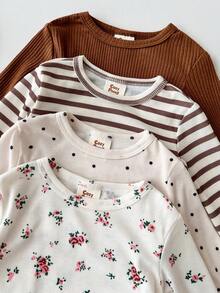 Cozy Pixies Set Piyama Bayi Perempuan Pas Badan, Atasan Pullover Lengan Panjang Leher Bulat Lembut Rajut Motif Bunga, Celana Panjang Pinggang Elastis, Set 4 Potong - Coklat - View 3