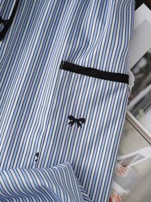 GlowEve Pantalones rectos de mujer de cintura alta con bolsillos, detalles a rayas y lazo, estilo casual y holgado, para verano - Azul - Ver 4
