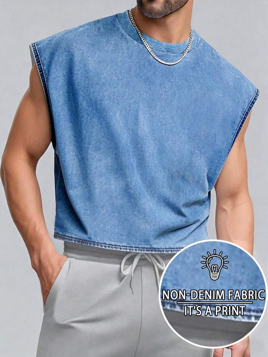 Manfinity Dauomo Summer Casual Sleeveless Top, Men's Breathable Tank Top, Denim Print Pattern Design, Stylish, Suitable For Daily Wear, Outdoor, Sports - Multicolor - View 1