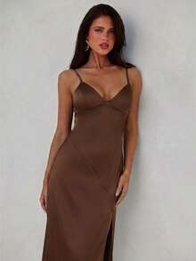 Aloruh Women's Elegant Solid Brown Long Dress Backless Lace Patchwork Spaghetti Strap Dress Night Out Summer - Coffee - View 5