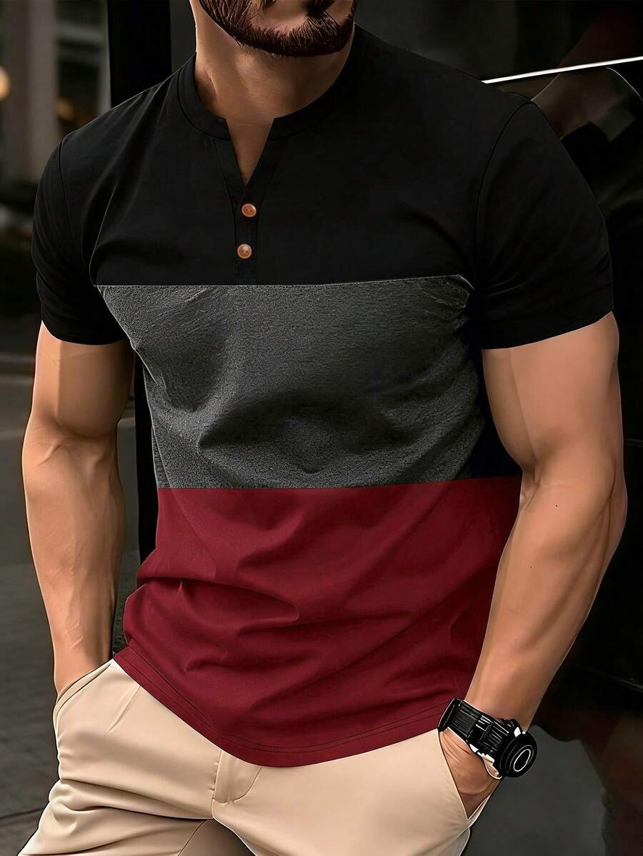 Manfinity Homme Men's Contrast Color Button Design Short Sleeve Casual T-Shirt, Summer Essential - Multicolor - View 1