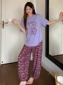 DAZY Women's Letter Print Short Sleeve Top And Leopard Print Long Pants Pajama Set Summer - Purple - View 6