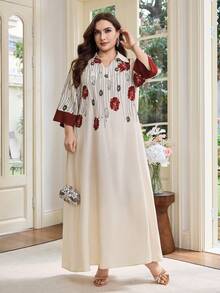Al Najma Plus Size Women's V-Neck, 3/4 Sleeve, Stand Collar, Sleeve, Front Print, Bubble Texture Fashionable Full Skirt Floral Dress, Printed Arabic Dress - Red - View 4