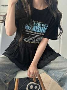 FRIFUL 女款圓領拼色字母印花裝飾袖混紡材質寬鬆休閒街頭風夏季圖案T恤可愛上衣 - 黑色 - 查看 6