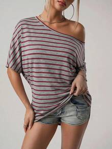 SHEIN ICON 女款休閒不對稱肩短袖條紋上衣 - 彩色 - 查看 4