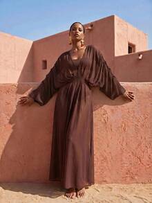 Zivah Women's Solid Color V-Neck Split Design Casual Vacation Travel Cover-Up Dress - Brown - View 8