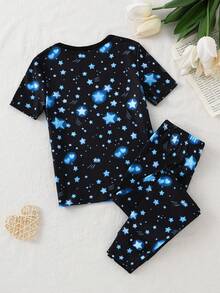 女童甜美可愛優雅休閒日常舒適親膚針織高彈力發光夢幻星星公主卡通角色印花圓領短袖套頭上衣與長褲2件組貼身居家服 - 彩色 - 查看 2