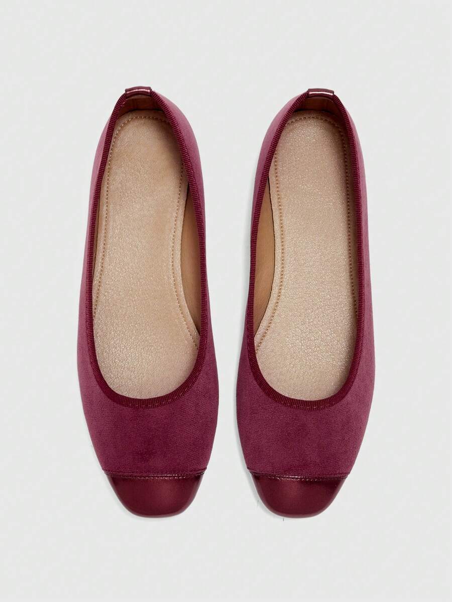 CUCCOO BIZCHIC Zapatos de mujer primavera y otoño con empalme, punta cuadrada, suela plana, zapatos de ante simples para ir al trabajo y de compras - Burdeos - Ver 1