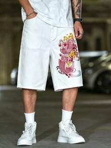 GALLERY FADE Men's Fish Pattern Patch Pocket Loose Casual Denim Wide Leg Shorts - White - View 3