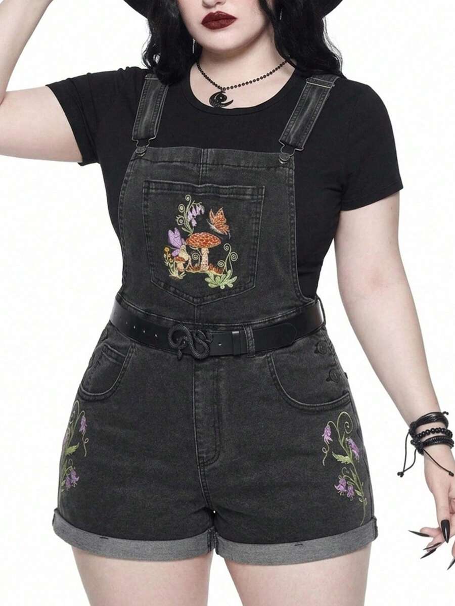 ROMWE Fairycore Mono de mezclilla bordado de hada del bosque versátil y casual de talla grande - Negro - Ver 1
