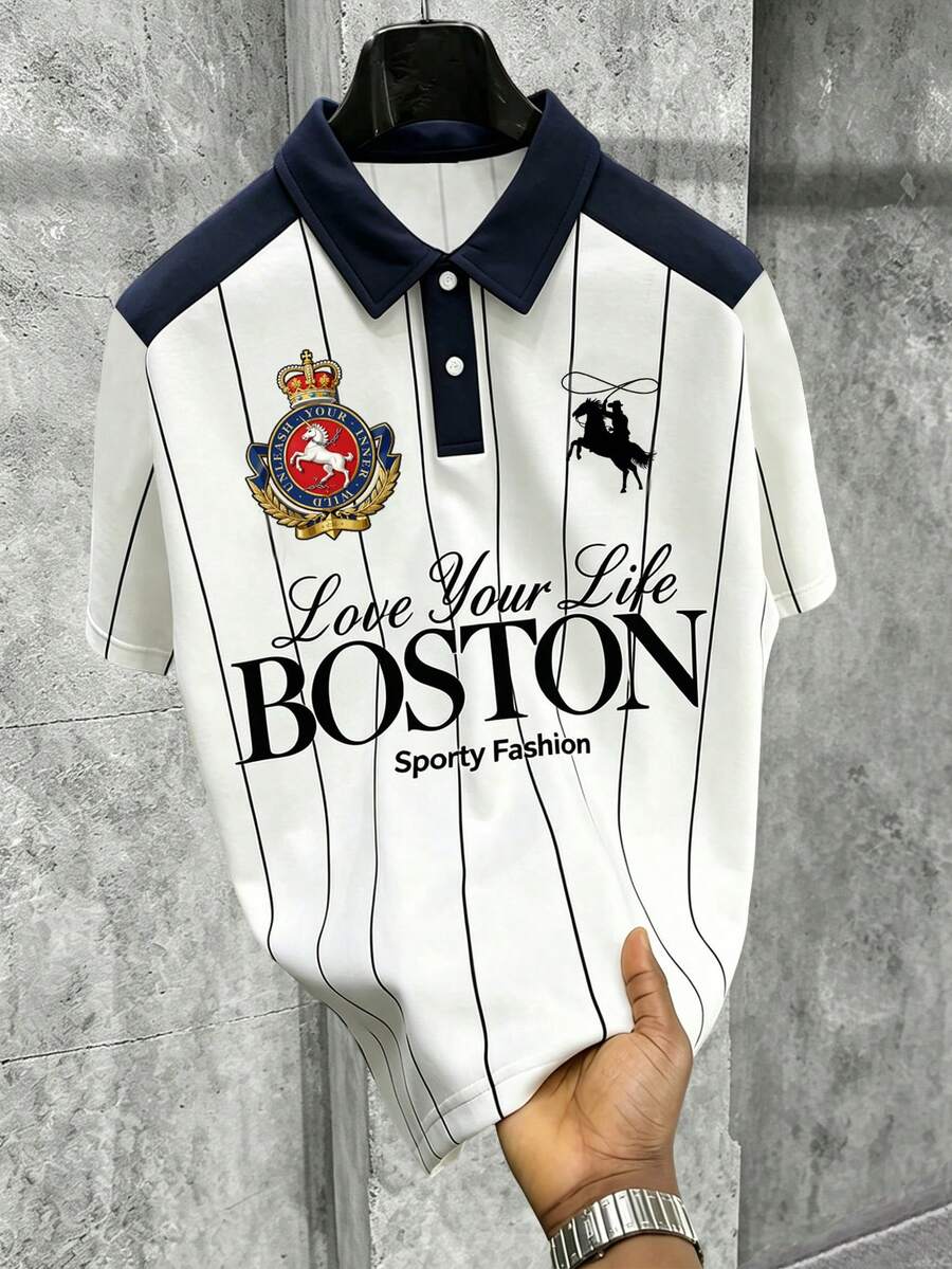 Manfinity EMRG Men's Striped Patchwork Letter Print Casual Versatile Daily Wear Short Sleeve Polo Shirt - Multicolor - View 1