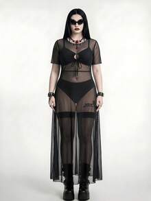 ROMWE Goth Plus Size Women Swimsuit Cover Up Mesh Tunic Dress, Long Sleeve Dress For Beach Vacation Club Rave Party, Pool, Halloween Summer Sexy Black - Black - View 1