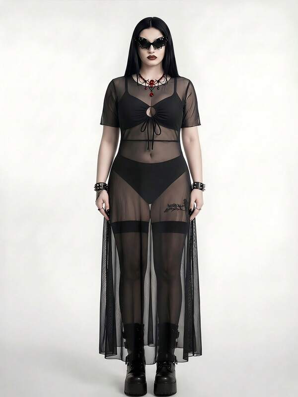 ROMWE Goth Plus Size Women Swimsuit Cover Up Mesh Tunic Dress, Long Sleeve Maxi Dress For Beach Party, Pool, Vacation Summer Sexy