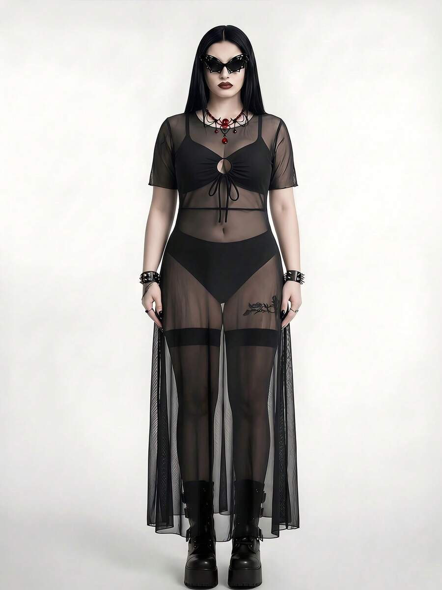 ROMWE Goth Plus Size Women Swimsuit Cover Up Mesh Tunic Dress, Long Sleeve Dress For Beach Vacation Club Rave Party, Pool, Halloween Summer Sexy Black - Black - View 1