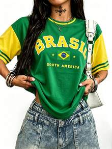 Rovax Brazil Style Pattern T-Shirt, Brazil Style Color Block Top Brazil Style Fan T-Shirt, Brazil Football Fan Jersey, Match Day, Color Block Crew Neck Short Sleeve Drop Shoulder T-Shirt, Suitable For Daily Wear - Green - View 1