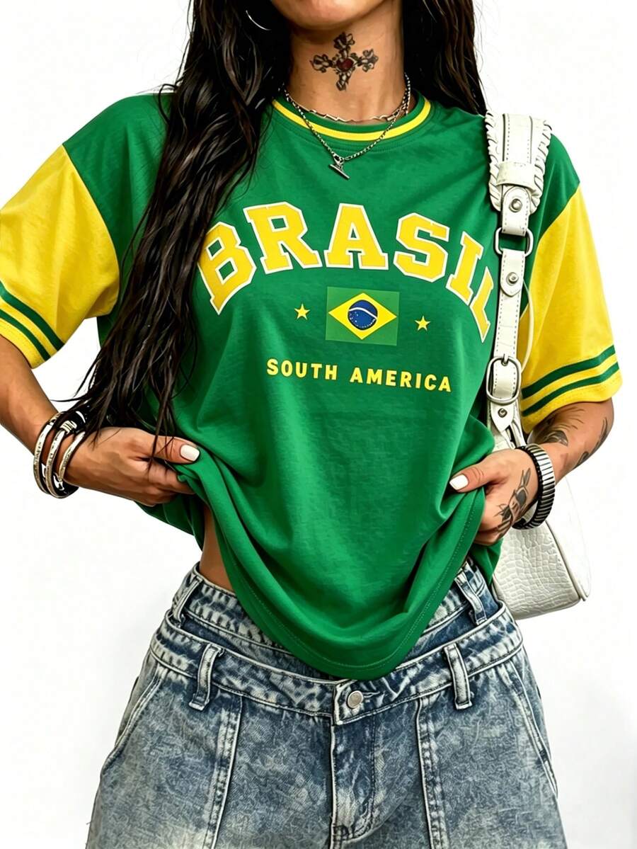 Rovax Brazil Style Pattern T-Shirt, Brazil Style Color Block Top Brazil Style Fan T-Shirt, Brazil Football Fan Jersey, Match Day, Color Block Crew Neck Short Sleeve Drop Shoulder T-Shirt, Suitable For Daily Wear - Green - View 1