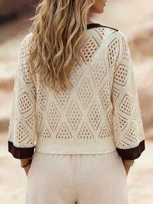 SHEIN Holidaya New Summer Hollow Out Color Block Bow Cardigan Suitable For Vacation, Beach - Apricot - View 2