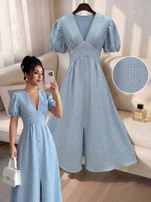 Selianne Women's Spring/Summer French Romantic Sicilian Exquisite Elegant Casual Commute Vacation Afternoon Tea Party Solid Color Jacquard Textured Fabric V-Neck Decorative Button Hem Split Back Waist Elastic Lantern Sleeve Short Sleeve Long Dress - Blue - View 1