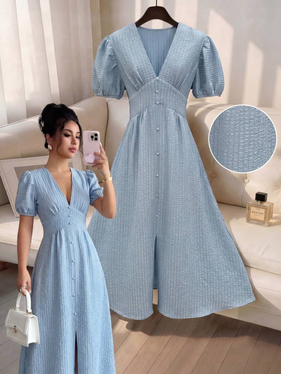 Selianne Women's Spring/Summer French Romantic Sicilian Exquisite Elegant Casual Commute Vacation Afternoon Tea Party Solid Color Jacquard Textured Fabric V-Neck Decorative Button Hem Split Back Waist Elastic Lantern Sleeve Short Sleeve Long Dress - Blue - View 1