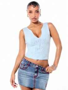 BABYPHAT Notch Neck Tank Top With Rhinestone Text Sparkle Embellishment Sleeveless Casual Summer Women's Fashion Cropped Fitted Top - Baby Blue - View 1