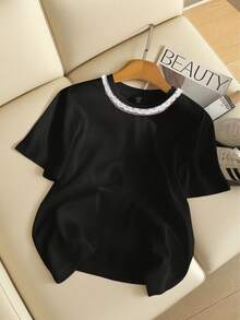 EMERY ROSE Women's Round Neck Embellished Chain Design Short Sleeve Casual T-Shirt, Summer Black Rhinestone Top - Black - View 5