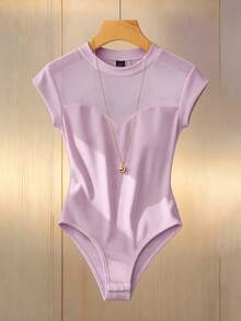 SHEIN 女士时尚透视网纱立领连体衣带帽袖 - 紫色 - 查看 6