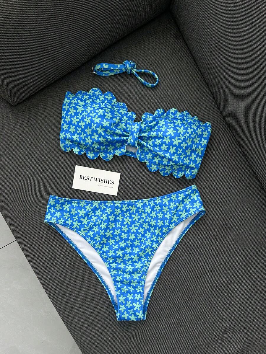 Swim Mod 女款泳衣,青少年女孩,鏤空荷葉邊,花瓣邊飾抹胸,甜美可愛,碎花印花,紋理羅紋面料 - 藍色 - 查看 1