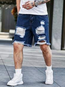 Manfinity Homme 大码男士休闲做旧牛仔短裤，带口袋 - 淺色水洗藍 - 查看 4