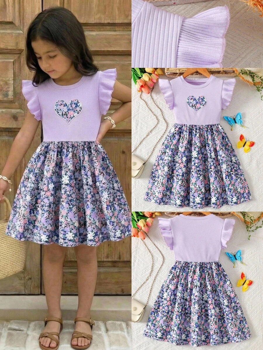 SHEIN 兒童少女薰衣草色夏季仙女洋裝,7歲生日婚禮賓客花卉羅紋拼接荷葉袖針織優雅度假戶外服飾 - 紫色 - 查看 1