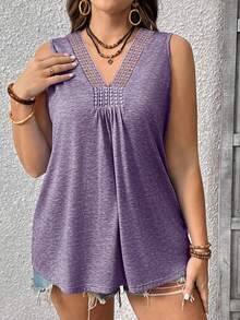 EMERY ROSE Top de tirantes de punto sin mangas con cuello en V, patchwork de encaje hidrosoluble y color liso, casual para mujer talla grande - Morado - Ver 5