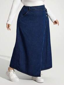 SHEIN Unity Jolene.Mendez Plus Size Casual Sweet Loose A-Line Blue Denim Mini Skirt, For Apple Rounded Body Shape - Dark Wash - View 6