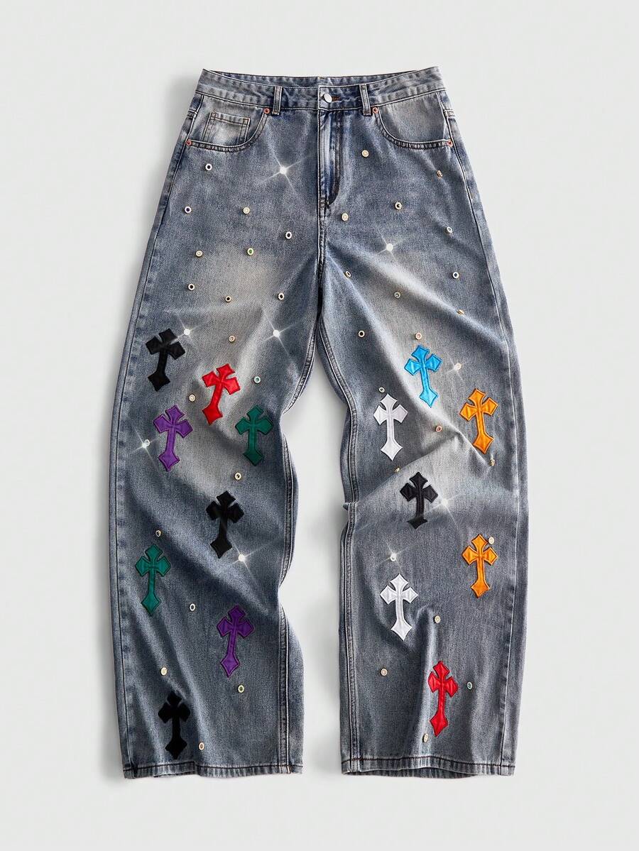 ROMWE MEN Men's Sparkling Diamond Cross Embroidery Pattern Loose Fit Jeans - Blue - View 1