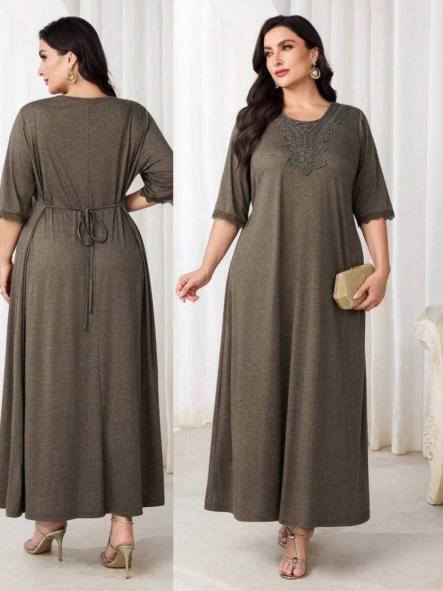 Al Najma Plus Size Women's Solid Color Lace Patchwork Round Neck Elegant Arabic Style Dress - Green - View 1
