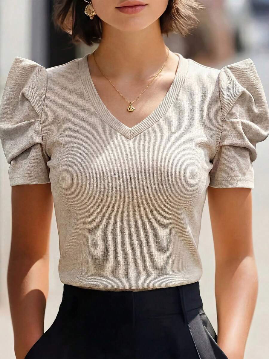 Editum 女款夏季休閒純色花瓣袖T恤
