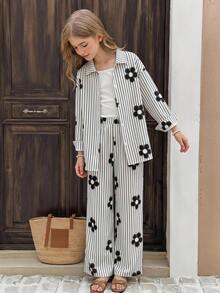 SHEIN 少女三件套：条纹长袖衬衫、印花长裤和吊带背心，适合春秋季穿着 - 黑與白 - 查看 9