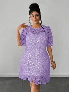 Maweii Plus Size Solid Color Hollow Out Round Neck Short Sleeve Dress - Mauve Purple - View 3