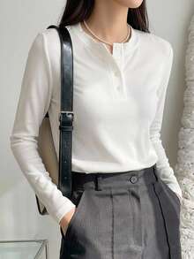 DAZY Quarter Button Rib Knit Tee,Fall Clothes Long Sleeve Women Tops - White - View 11