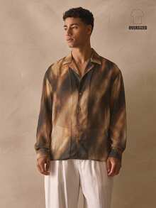 Musero Oversized Long Sleeve Drop Shoulder Revere Collar Button Through Sheer Shirt Top Spring Summer Essentials - Brown - View 2