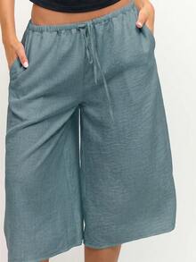 MUSERA Linen Feel Tie Front Cropped Pants Spring Summer Vacation Beach Casual Cute Everyday Boho Airport Holiday Teal Blue Lake Blue Aqua - Teal Blue - View 5