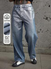 DAZY Long Flared Distressed Design Straight Leg Jeans For Men, Streetwear Style - Blue - View 5