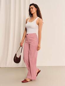 lacRébo Pantalones de pierna ancha de cintura media con estampado de cuadros rojos, ajuste relajado, estilo chic diario de verano - Rojo - Ver 4