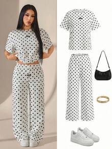 SHEIN PETITE 2026女款春夏新款波點印花寬鬆版型T恤與長褲套裝，適合嬌小女性 - 黑與白 - 查看 6