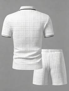 Manfinity Homme Men's Knitted Jacquard Solid Color Textured Ribbed Collar 3-Button Polo Set - White - View 2