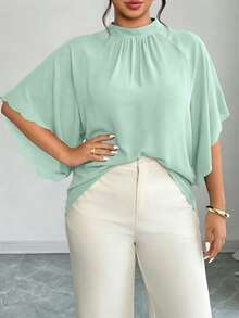 Elenzga Plus Size Women's Round Neck Ruched Sleeve Wavy Hem Loose Blouse, Spring/Summer - Mint Green - View 3