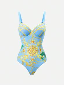 Swim SXY Summer Beach Chain Print Push Up One Piece Swimsuit With Beach Skirt - Multicolor - View 6