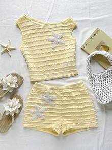 SHEIN Tween Girl Casual Vacation Cream Dopamine Color Asymmetric Textured Striped Starfish Decor Cropped Off-Shoulder T-Shirt & Shorts 2-Piece Set, Spring/Summer Outfit, Beachwear, Commute, Elegant, Beach, Bohemian, Hawaiian, Music Festival, Date - Yellow - View 1